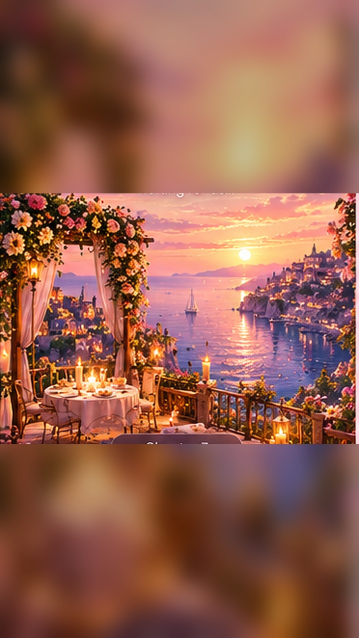 A romantic rose garden overlooking the water